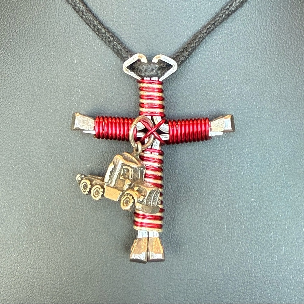 Handmade Horseshoe Nail Cross Pendant With Semi Truck Charm Red Gauge Wire Wrap